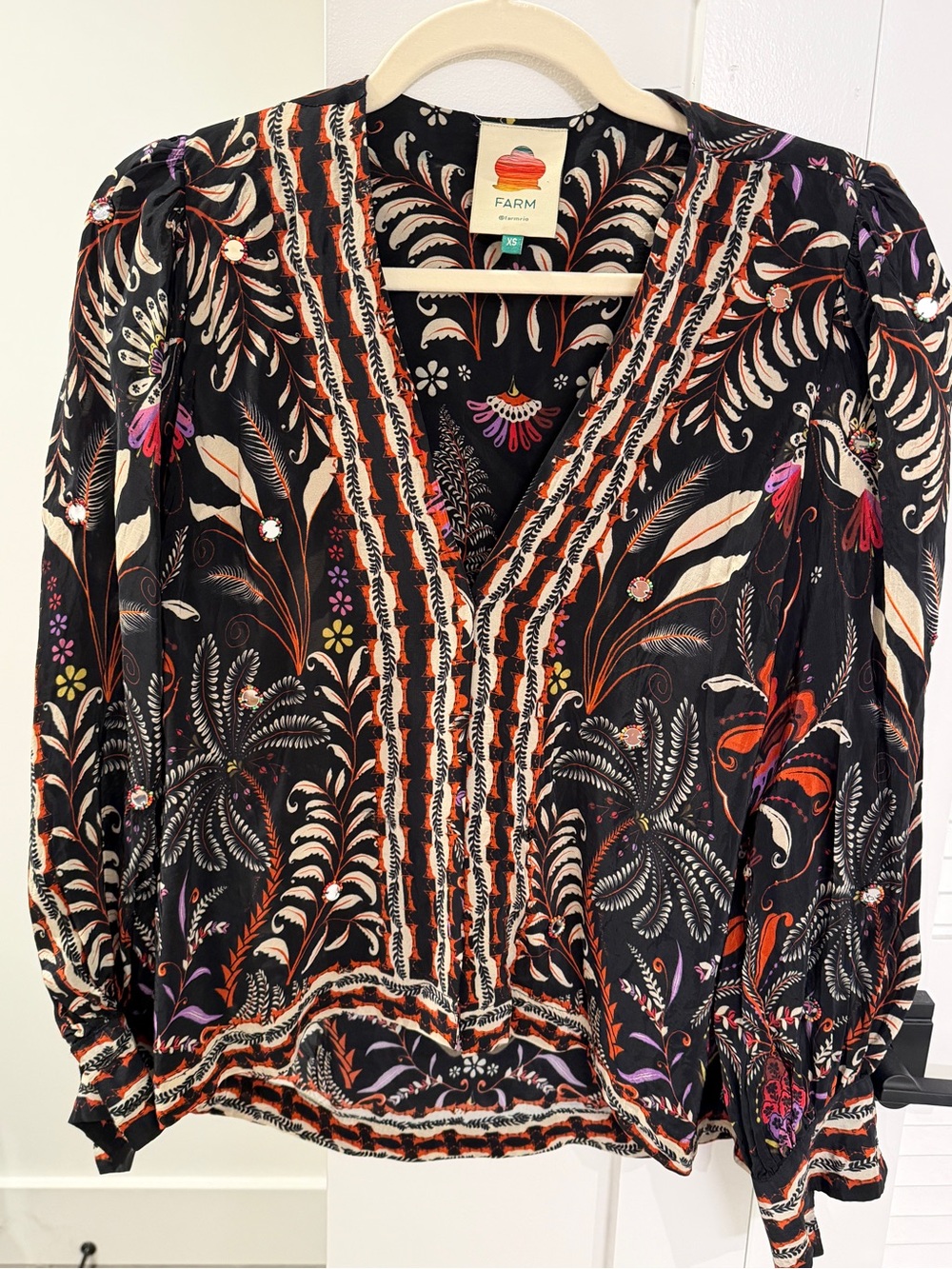 FARM Rio Black Floral-Paisley V-Neck Embroidered Blouse
